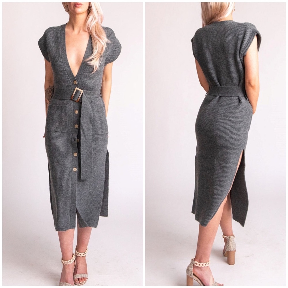 MALIBU BUM Button Down Charcoal Gray Sweater Midi Dress - Picture 3 of 8